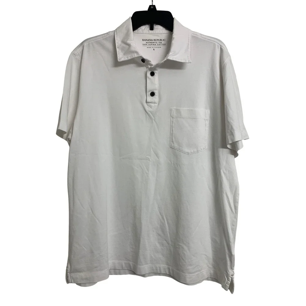 Banana Republic White Henley 100% Supima Cotton Short Sleeve Pocket Polo Shirt L